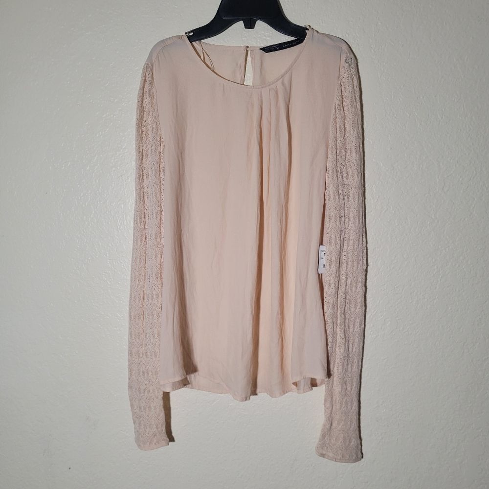 Zara Basic | Lace Crochet Long Sleeve Linen Blend Blouse Peach Coquette Fairy XL